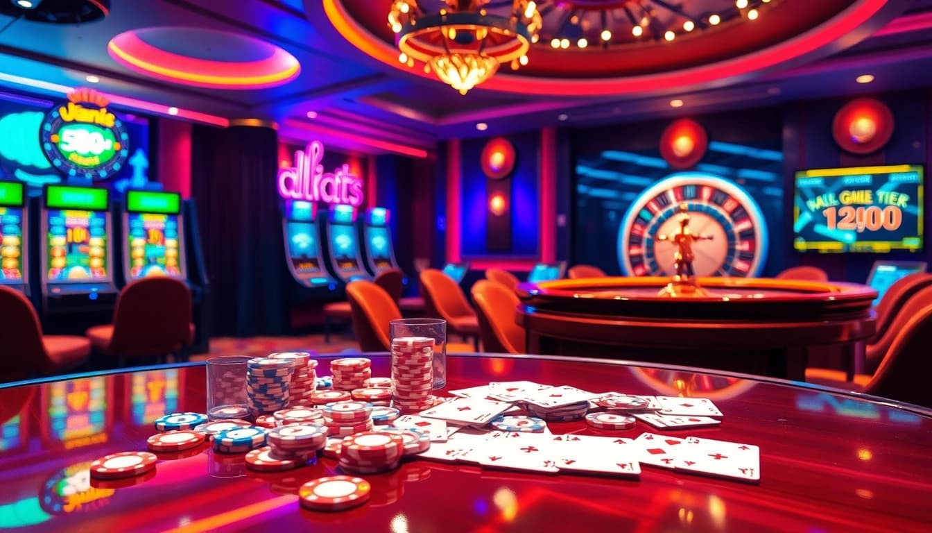 Experience the excitement of gambling at nhà cái 888new with vibrant slot machines and a roulette wheel.