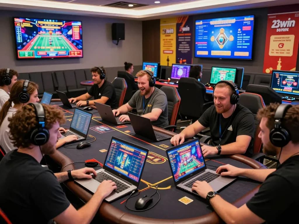Exciting online gaming experience at 23win, showcasing diverse players enjoying casino games in a modern, lively lounge.