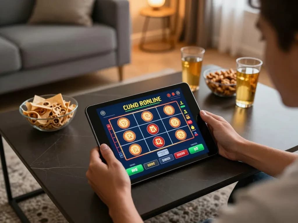 Engaging scene with a person enjoying online gaming at home, featuring the Link truy cập da88 interface on a tablet amidst a cozy atmosphere.