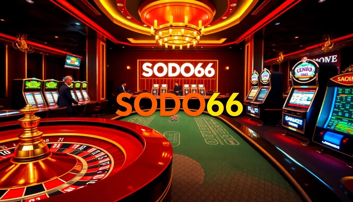 SODO66 casino scene showcasing a roulette wheel and poker table in a luxurious environment