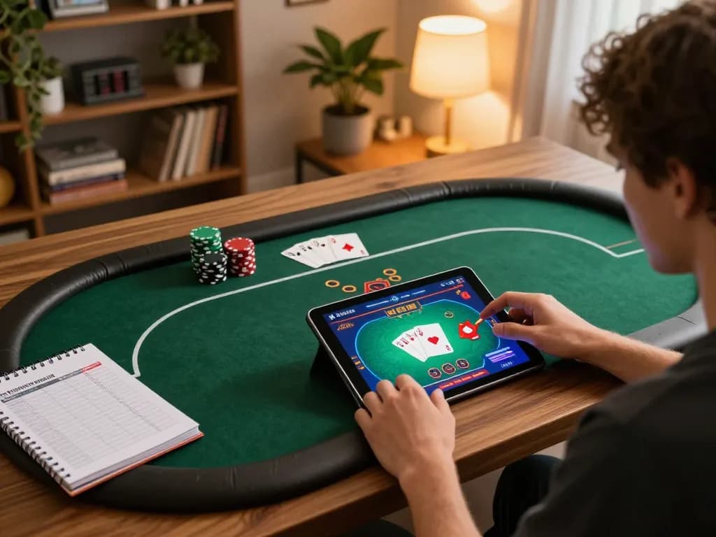 Engaging online gambling moment on the trang chủ nk88 platform, showcasing intense poker gameplay on a tablet.