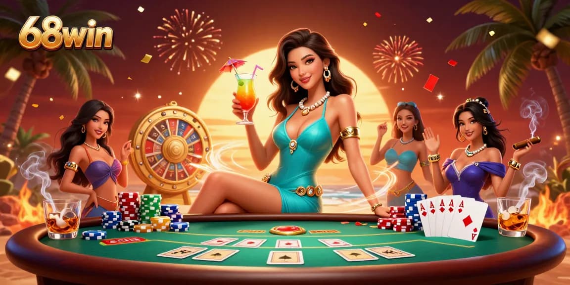 Engage with exciting 68win casino games in a vibrant beach setting filled with action and rich colors.