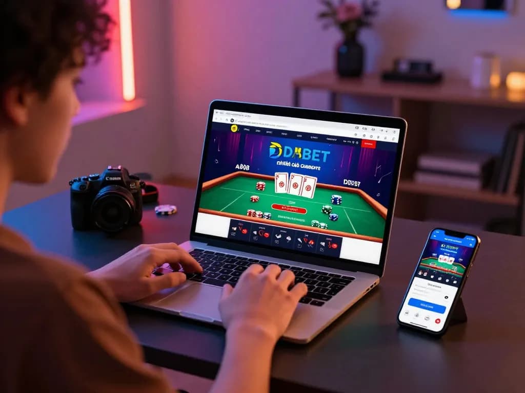 Action-packed gaming session at Nhà cái DABET, showcasing online betting on a laptop and mobile app.
