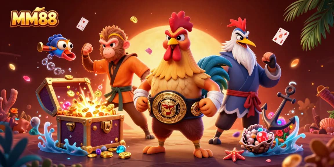 Experience the dynamic MM88 casino scene with Muay Thai rooster and martial artist characters amidst treasures.