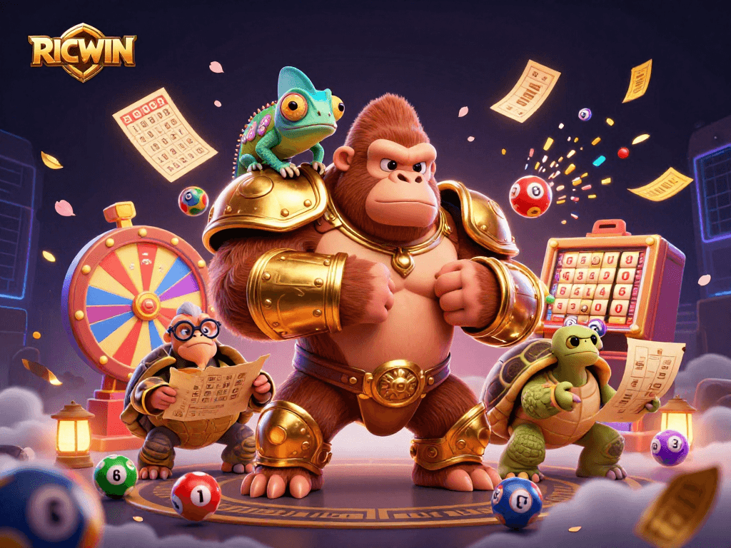 Play the vibrant RICWIN lottery with energized characters and dynamic game elements.