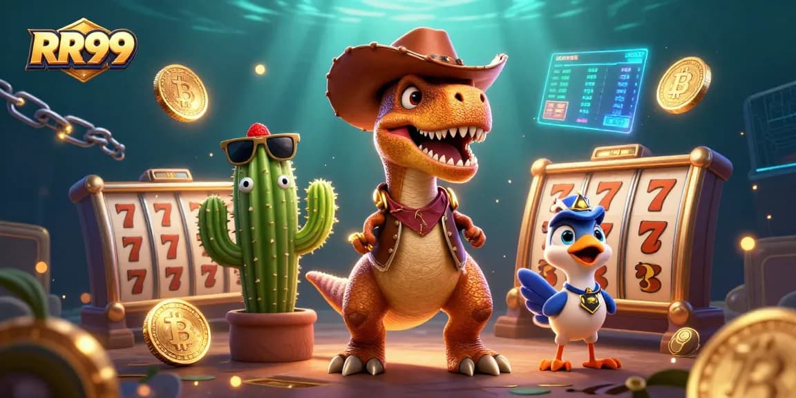 Win big at RR99 with our dynamic casino scene featuring T-Rex and the jackpot!