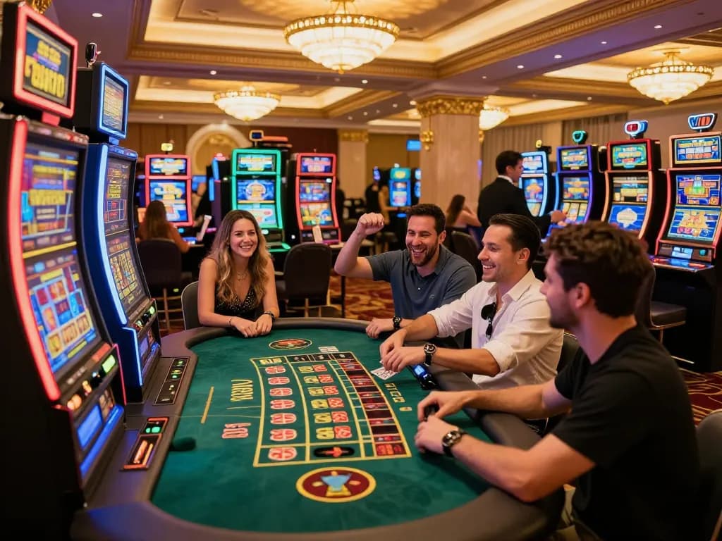 Players enjoy vibrant slot machines at 555win, showcasing an exciting casino atmosphere.