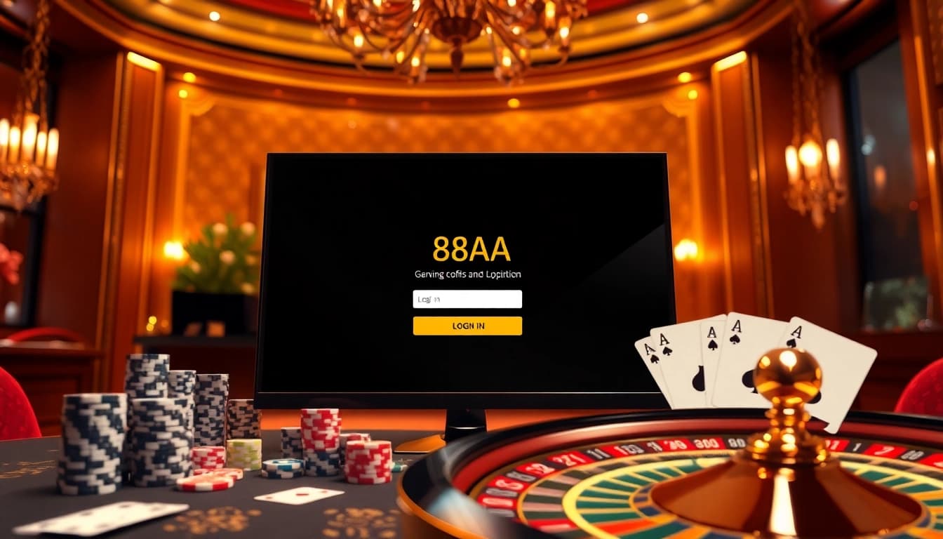Engaging in Đăng nhập 88AA with a luxurious casino backdrop showcasing digital gaming elements.