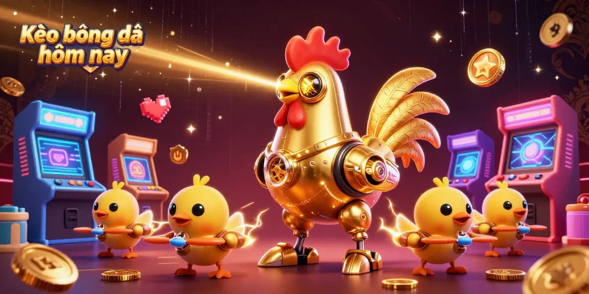 Kèo bóng đá hôm nay showcases a golden rooster robot leading baby chick drones in a vibrant gaming scene.