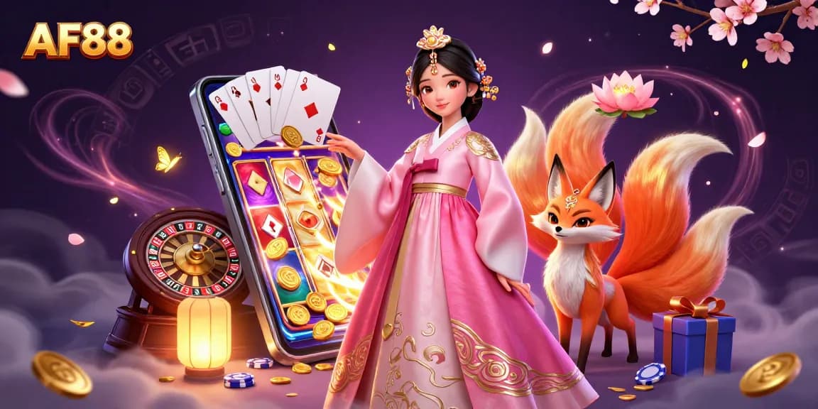 Spin to win at AF88 with a glamorous Asian lady and a lucky fox amidst vibrant casino symbols.