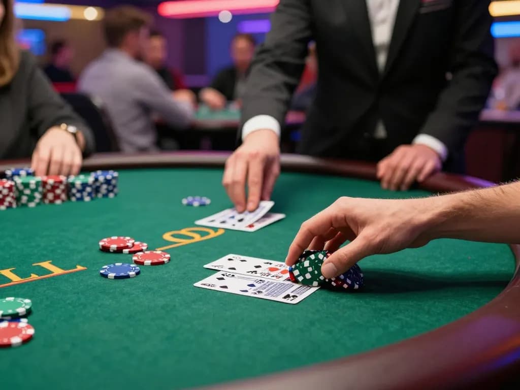 Kaya88 poker player with colorful chips at a casino table showcasing vibrant gameplay and strategy.