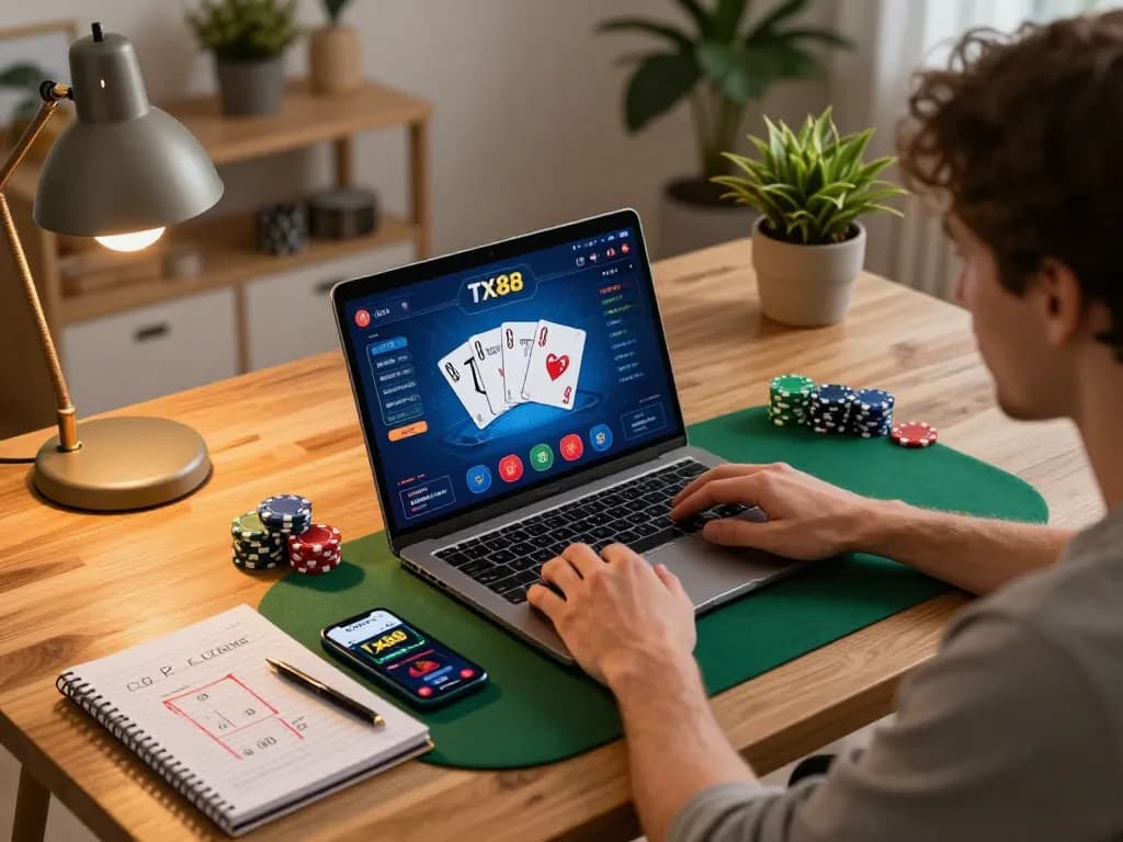 Player using Tx88 online casino app on laptop, showcasing strategic poker gameplay in a cozy home setup.