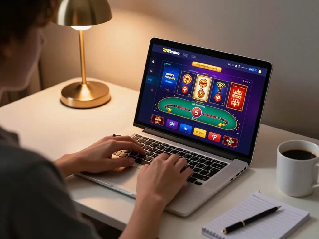 The user engages in online gaming on the 78winvina platform, showcasing a dynamic casino interface and strategic notes.
