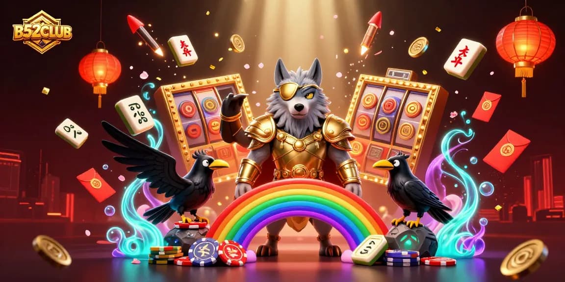 B52CLUB immerses players in dynamic casino entertainment with Odin and ravens amidst vibrant gaming elements.