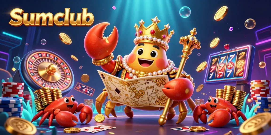Spin the slots at Sumclub with a dazzling crab emperor surrounded by treasures and vibrant casino elements.