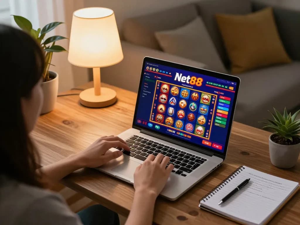 Engaging in online casino gaming with Net88 on a laptop, showcasing vibrant interface and strategic notebook