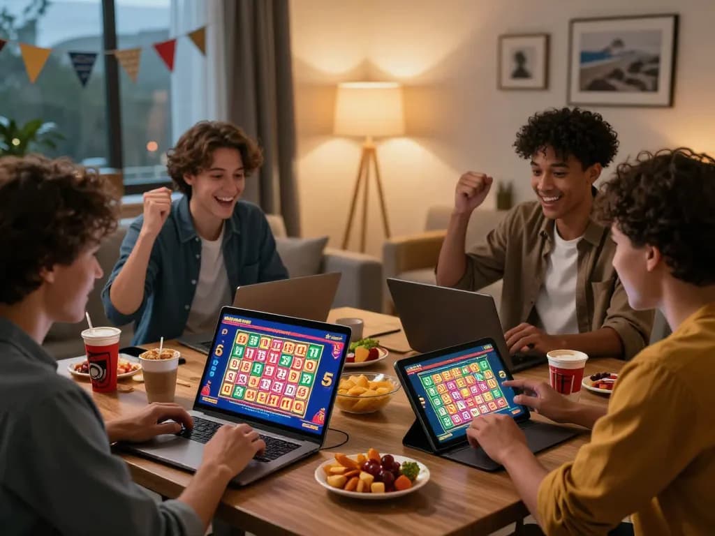 Engaging players enjoying đánh lô online in a cozy setting, showcasing vibrant screens filled with lottery graphics.