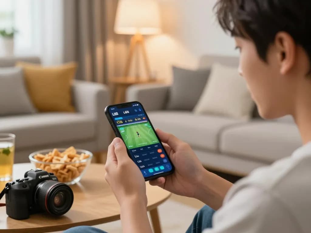 Player accessing Lu88 mobile betting app on smartphone in a cozy living room