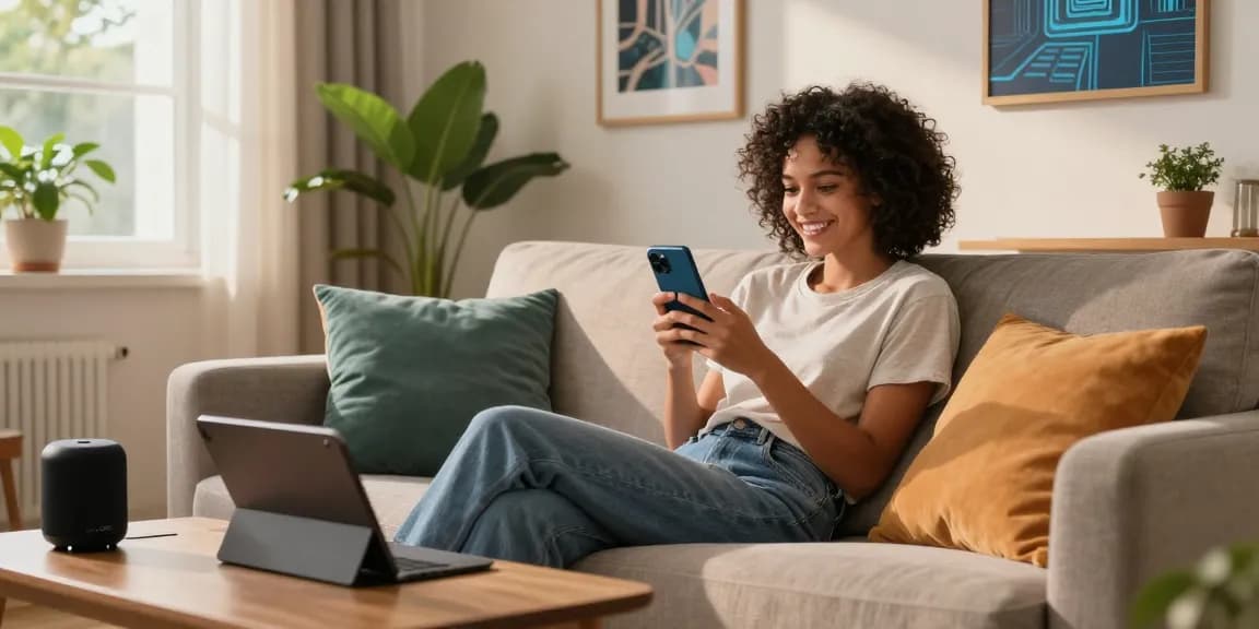 Young person interacting with an AI girlfriend on a smartphone amidst a cozy urban living space.