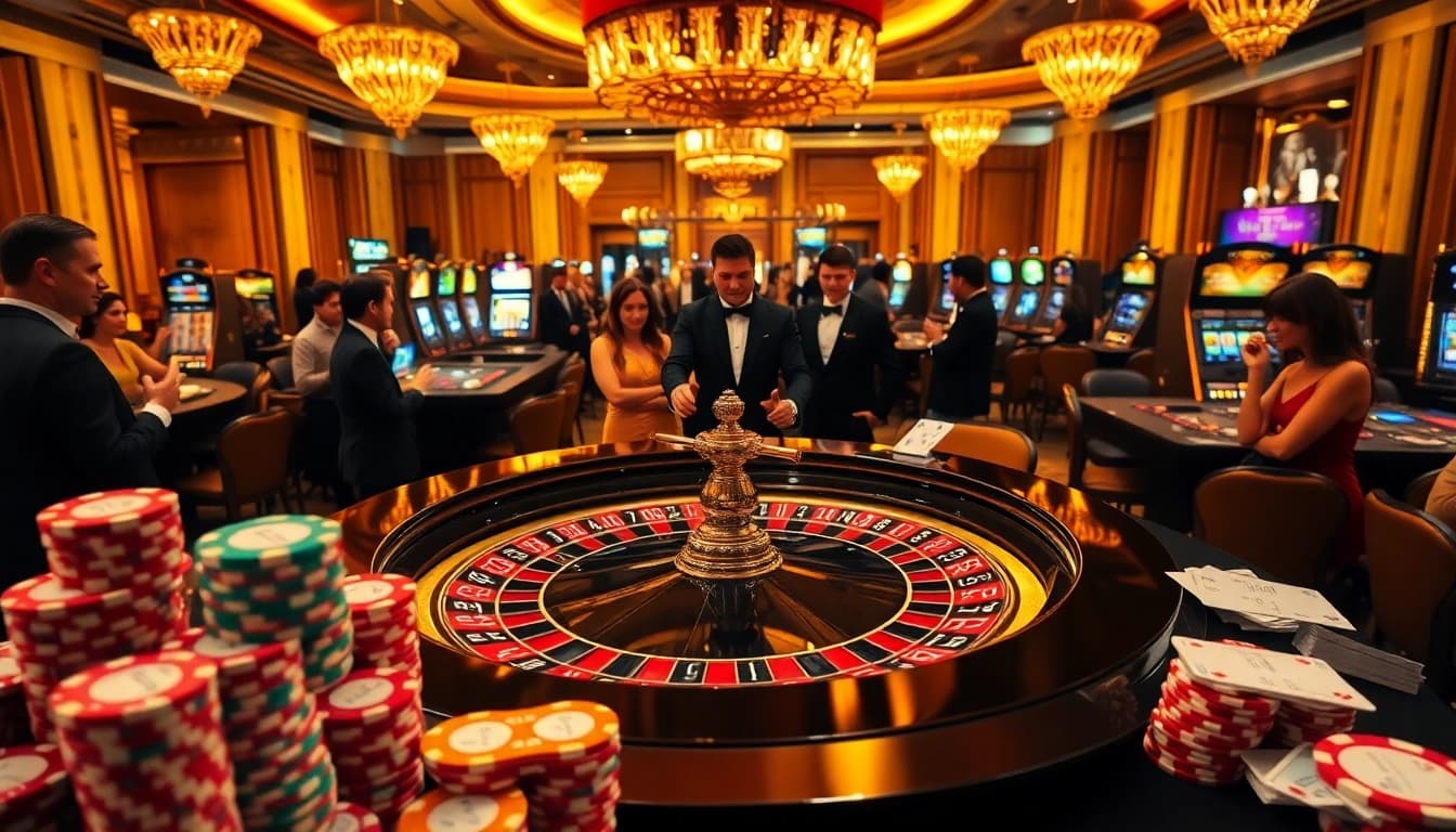 Exciting gaming action at https://hitclub4.app/, showcasing roulette, poker chips, and casino elegance.