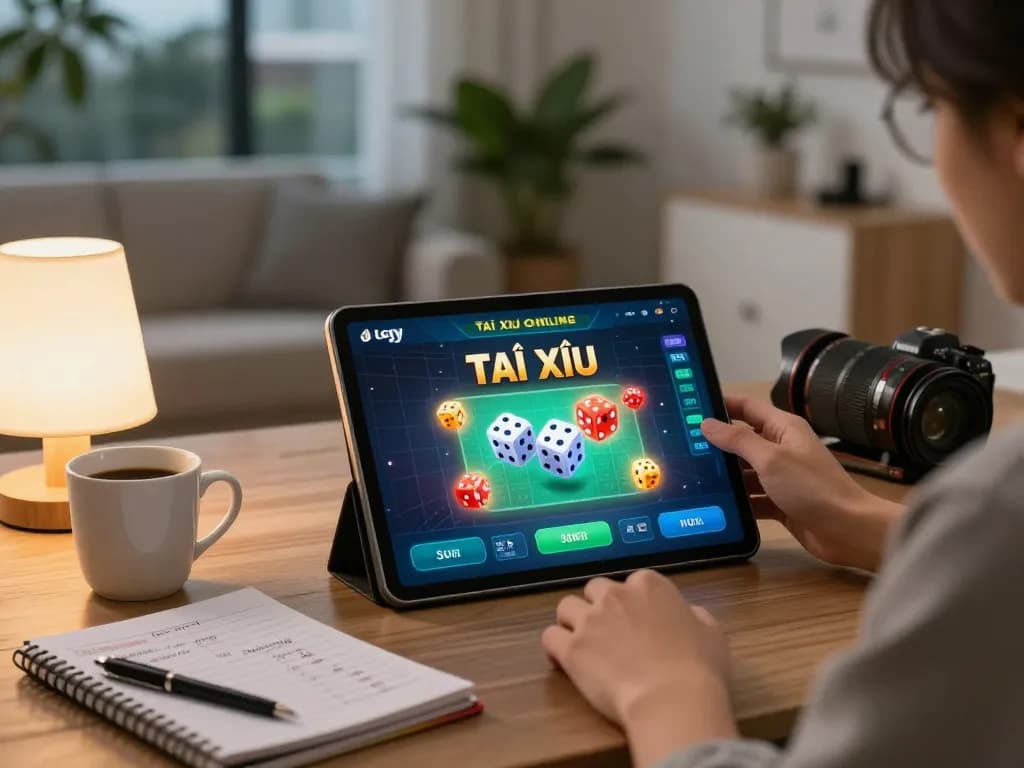 Engaging with Tài Xỉu Online app on tablet for strategic gameplay at home.