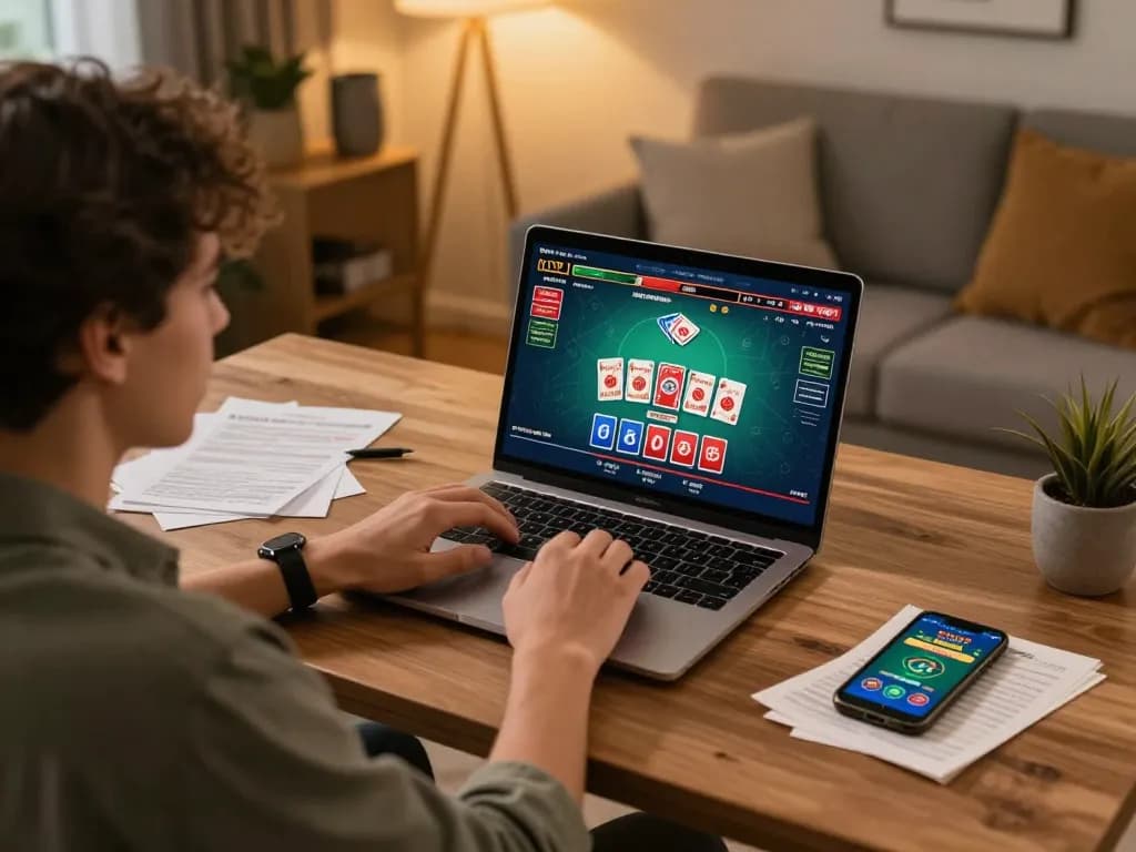 Engaging in live dealer game on 56WIN laptop in a stylish home office setting.
