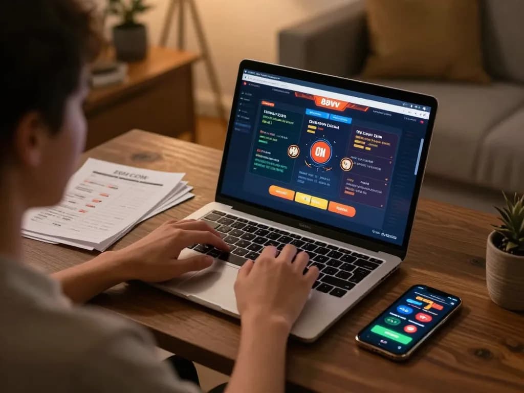 Player engaging with 88vv COM online casino interface on laptop, highlighting the convenience of modern gaming.
