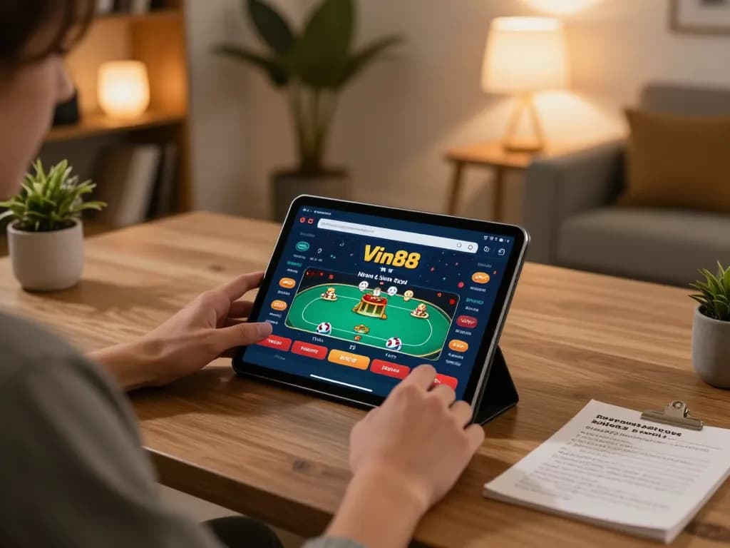 Engaging in online casino gaming with the link truy cập Vin88 app on a tablet, showcasing strategic gameplay