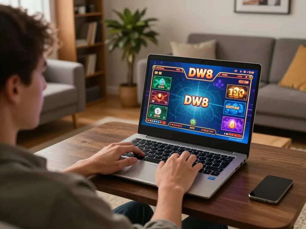 Engaging gameplay experience on DW8 platform in a cozy home setting with a vibrant laptop display.