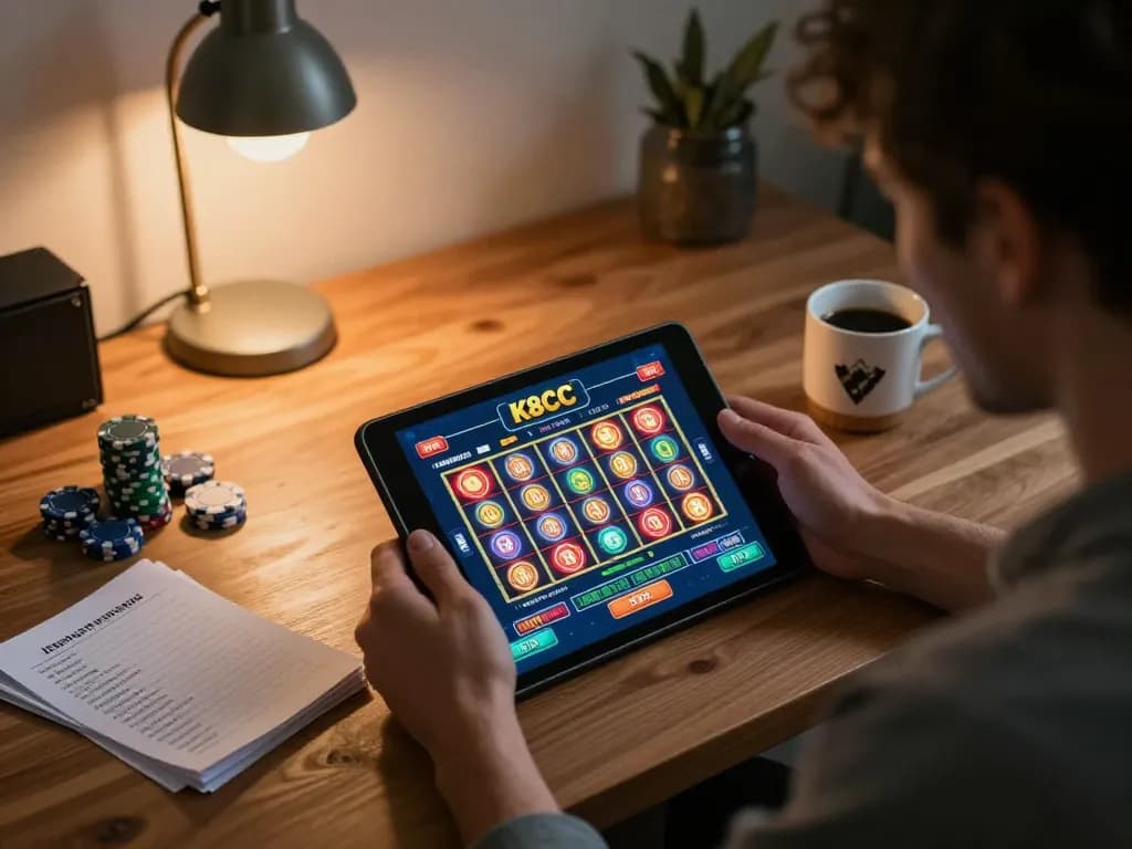 Engaged player enjoying K8CC online slots with vibrant gaming interface and cozy home ambiance.