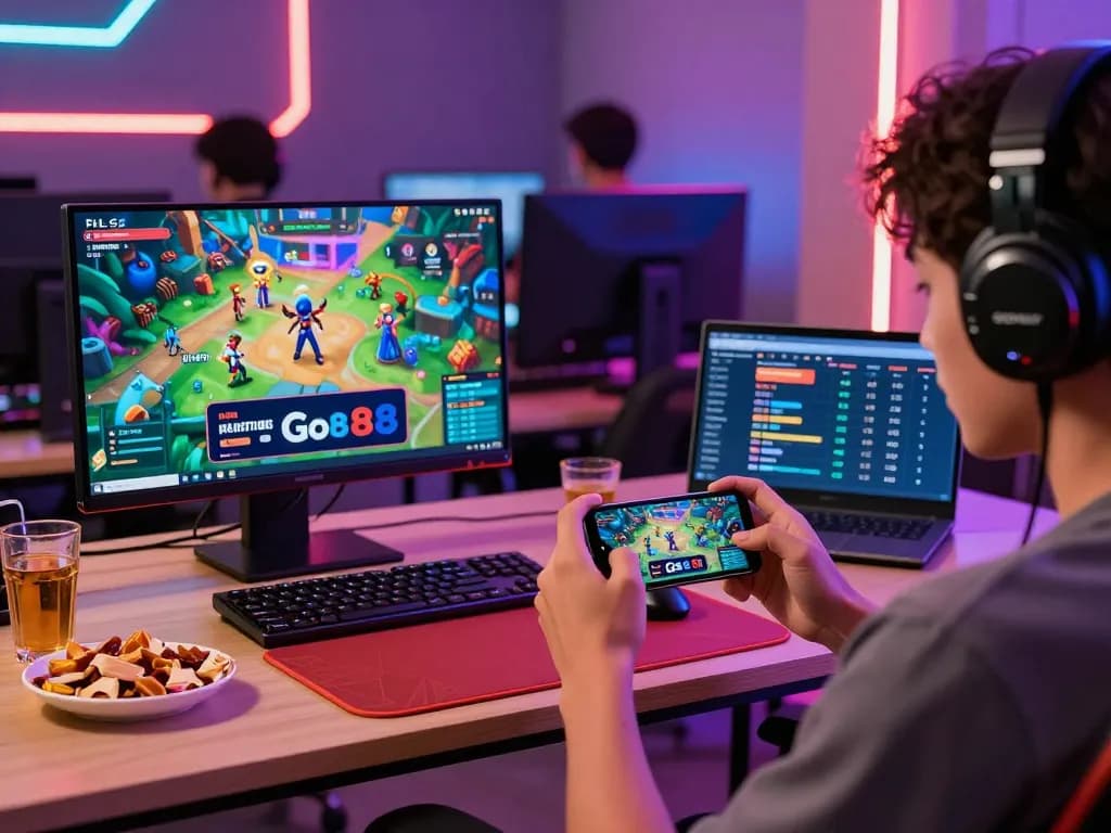 Gamer enjoying the exciting online gaming experience on Go88 platform, surrounded by lively graphics and snacks.