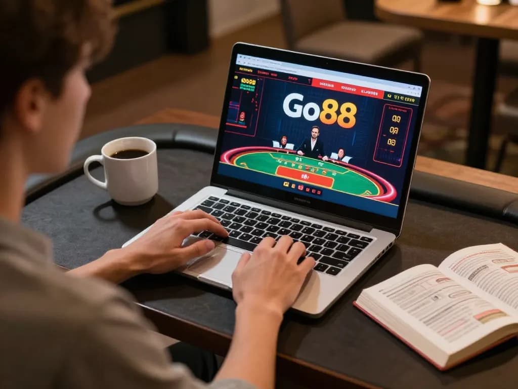 Engaging in online gaming at go88a.bid, with a player focused on the live dealer interface from their stylish home setup.