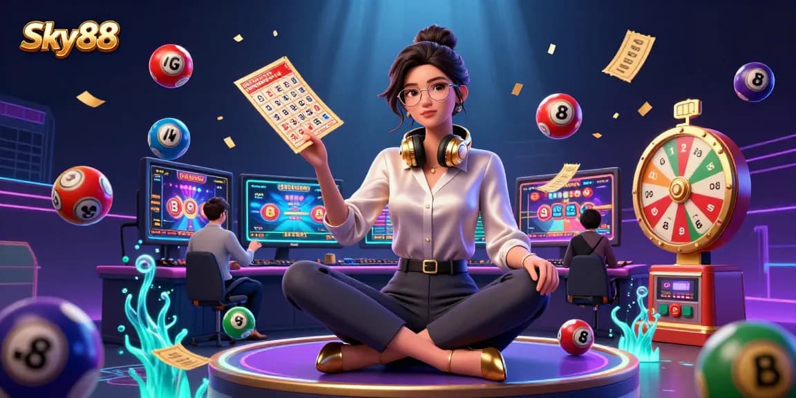 Experience dynamic gaming action at Sky88 with colorful lottery elements, vivid gaming setups, and high-tech visuals.