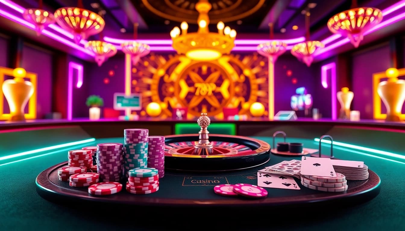 Engage in thrilling gambling experiences at 789P with poker chips and a roulette wheel.