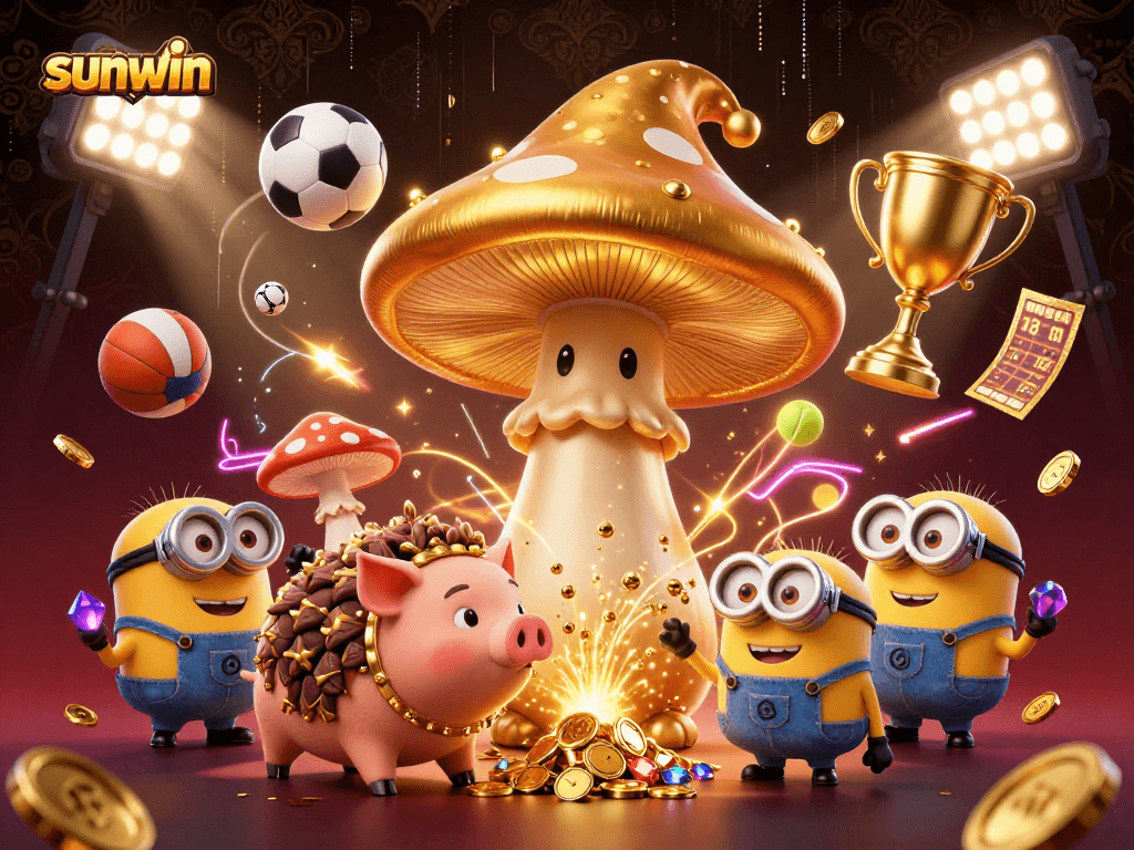Engage with sunwin's vibrant casino scene featuring a golden mushroom wizard and dynamic sports elements.