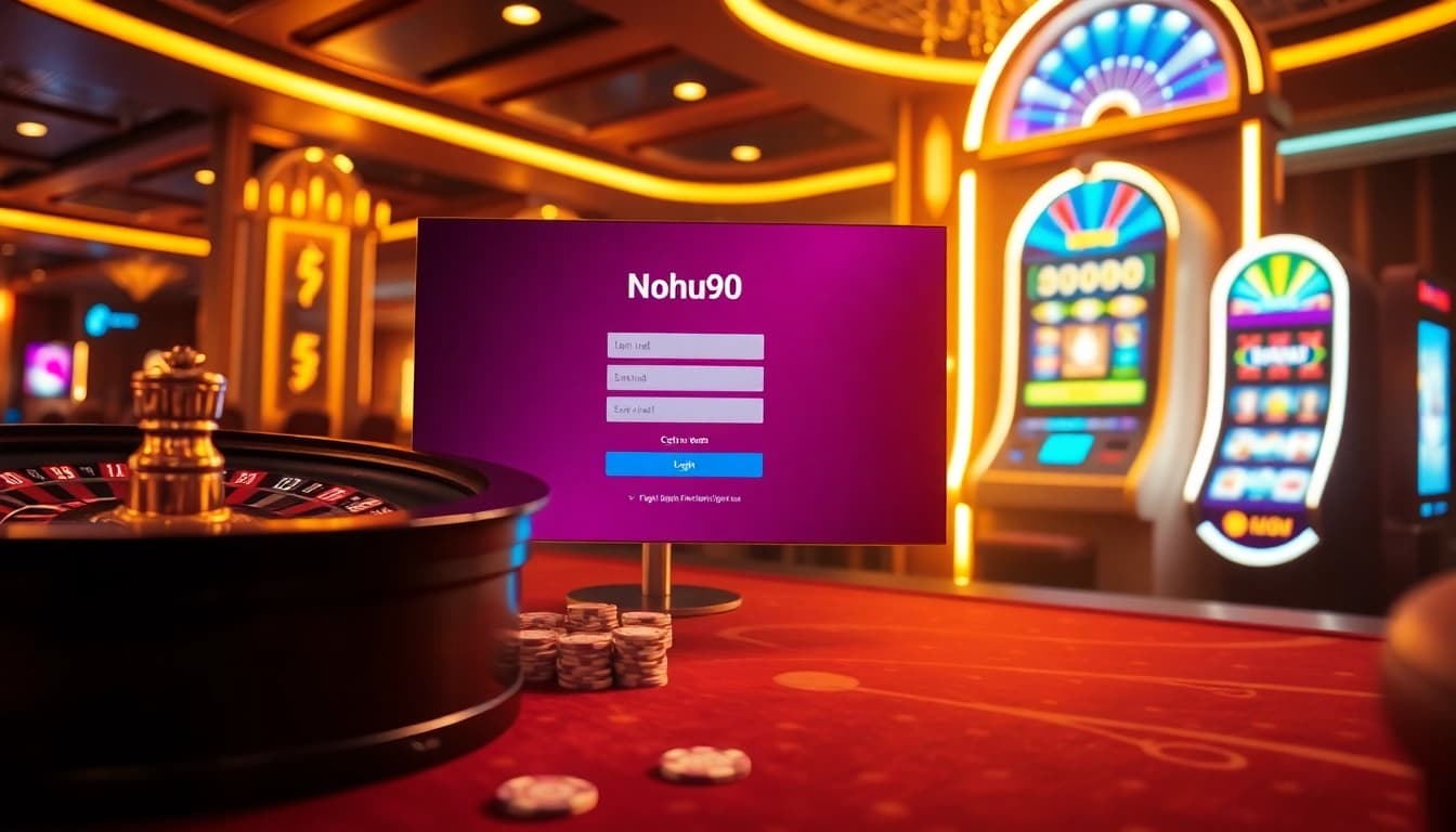 Nohu90 đăng nhập showcasing a luxurious online casino scene with vibrant gaming elements.