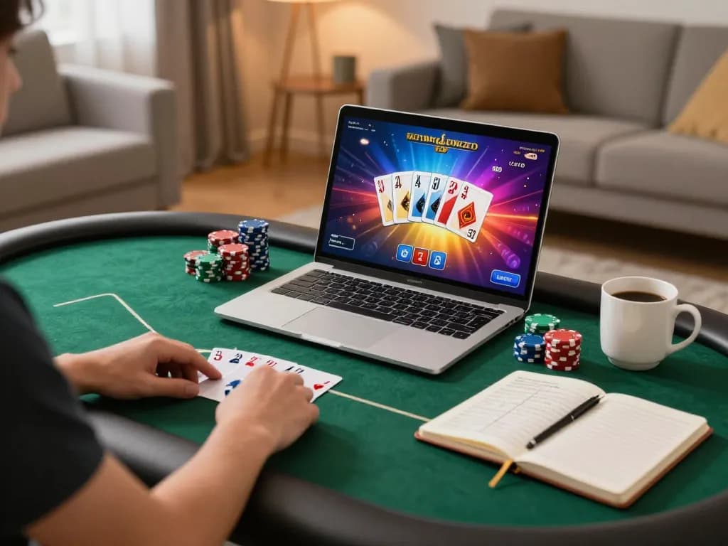 Player experiencing an exciting poker game on Hitclub platform in a cozy home setup with strategy notes