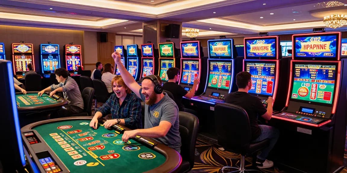 Exciting moment at https://hm88.review/ showcasing players enjoying live casino games and sports betting, vibrant atmosphere of online gambling