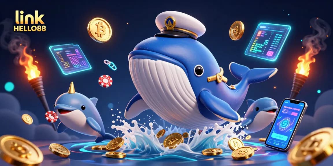 Experience the thrill of gambling with the link HELLO88 featuring a captain whale and playful dolphins.