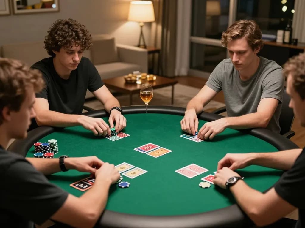 NOWGOAL players strategizing during an intense home poker game with chips and cards visible.