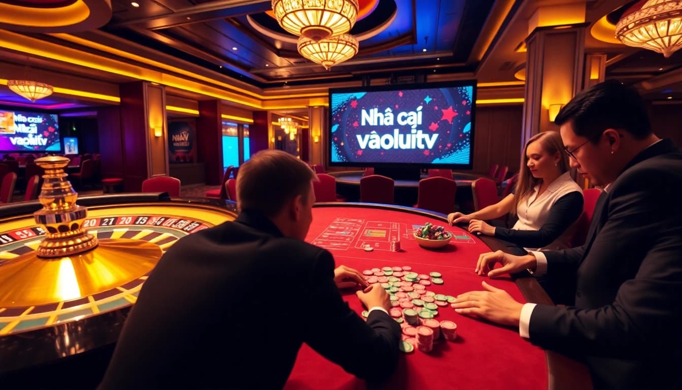 Nhà cái vaoluoitv offers an exciting poker scene with vibrant chips and a spinning roulette wheel.