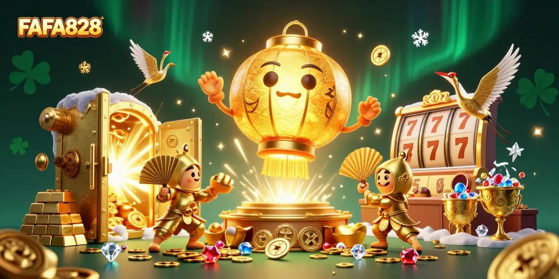 Engage with FAFA828's colorful gaming world filled with golden treasures and vibrant slot reels.
