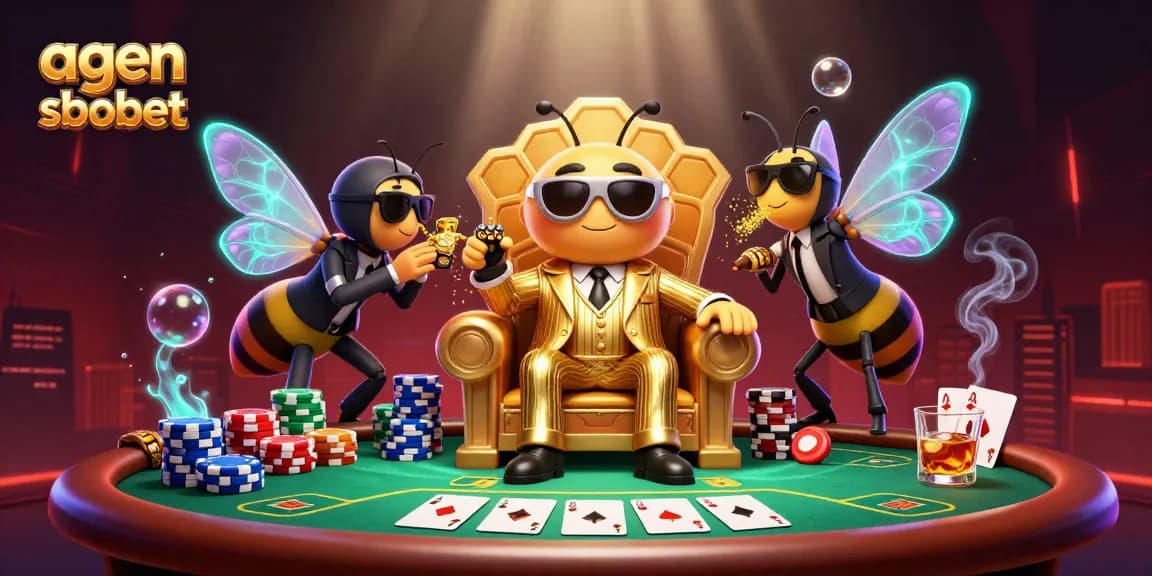 Engage with agen sbobet as a bee mob boss struts amidst vibrant casino imagery