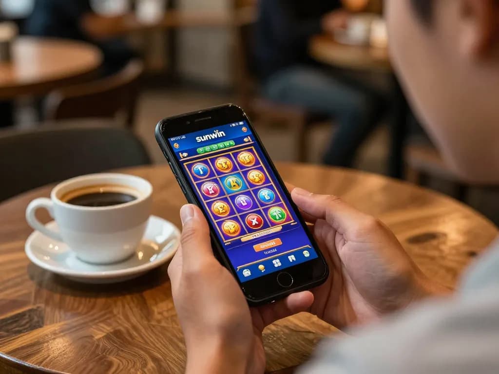 Engaging in mobile gameplay to tải sunwin app with vibrant slot game interface at a cozy café setting.