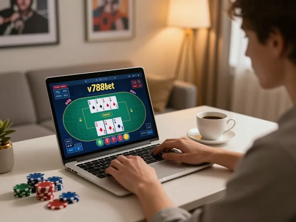 A person engaging in v788 bet at home casino setup, highlighting online poker gameplay and strategic decision-making.