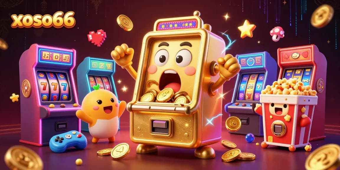 Experience the excitement of xoso66 as a golden slot machine hits a jackpot, surrounded by arcade elements.