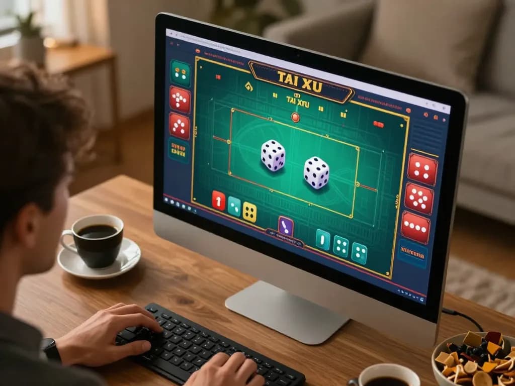 Tài Xỉu online gameplay on a modern setup, showing dice rolling, highlighting strategic betting.