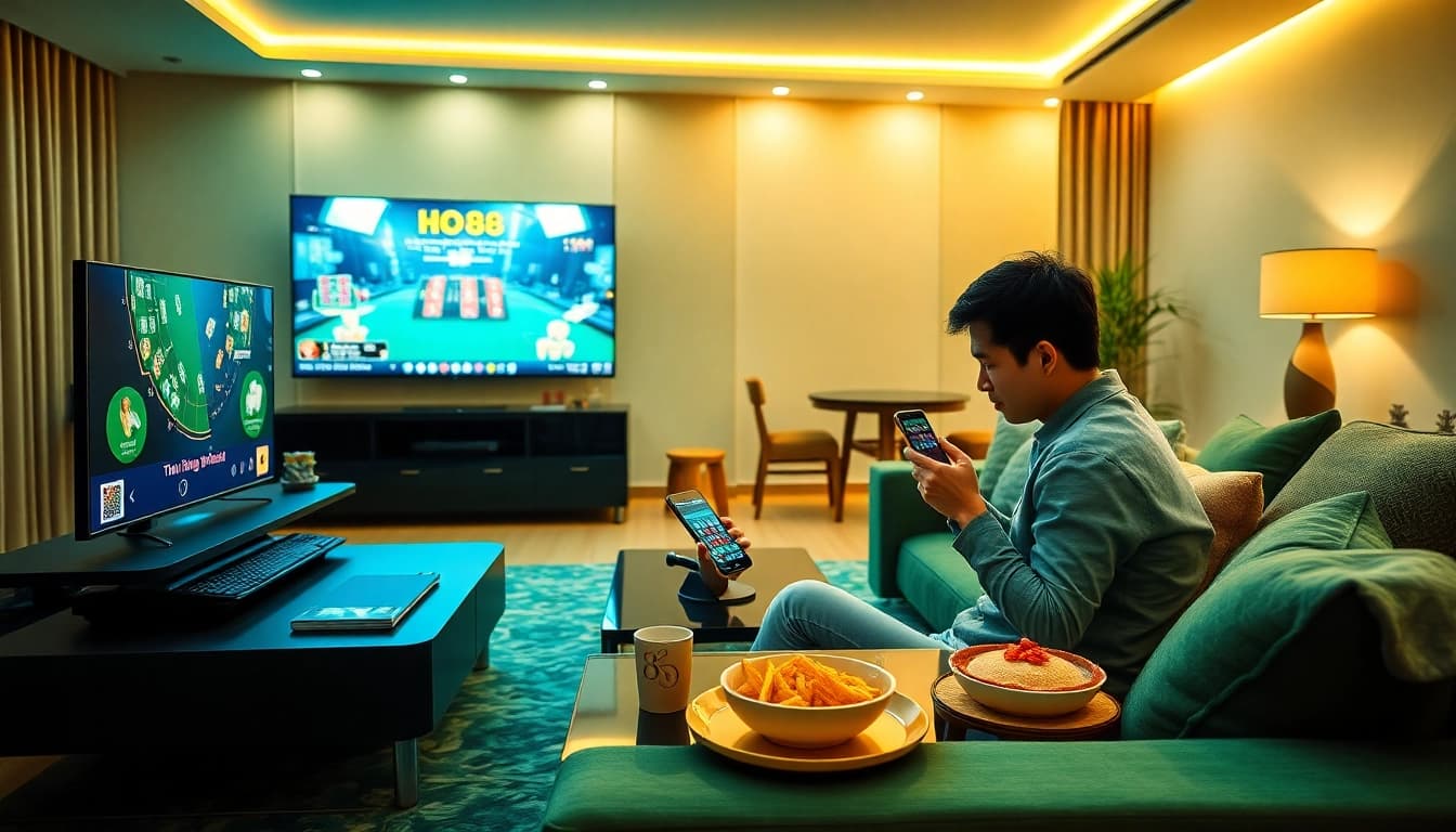 Engaging user experience with Ho88 app in a vibrant home setting, showcasing online gambling excitement.