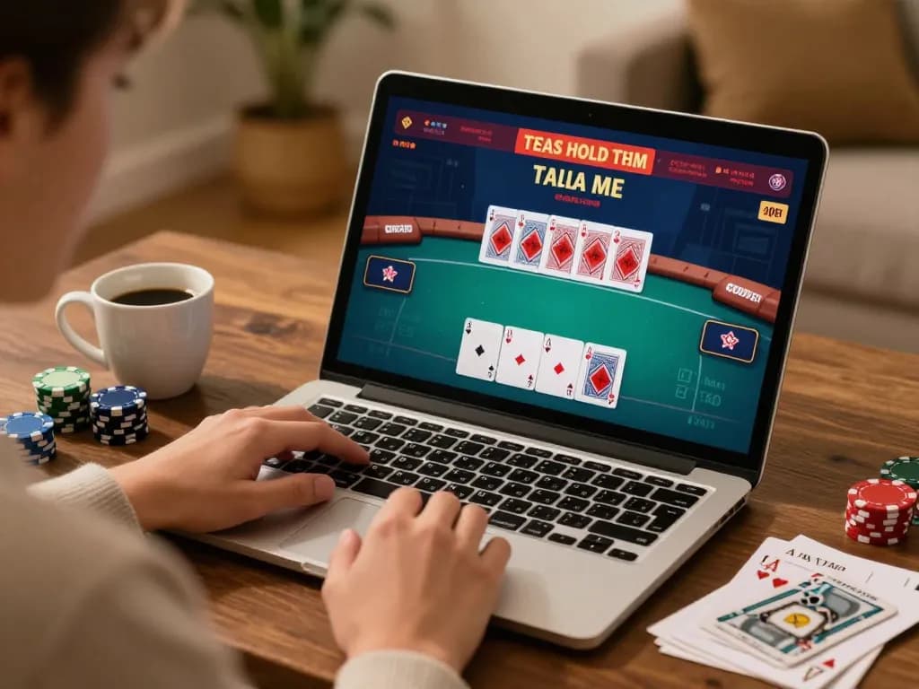 Onbet player engaged in online poker, strategizing with notes and laptop in cozy setting.