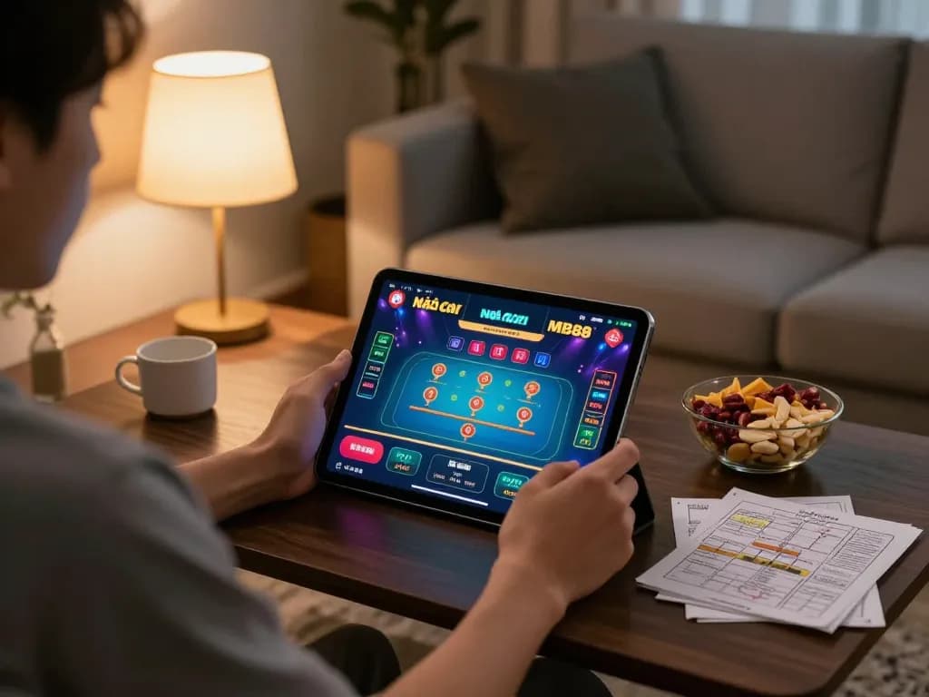 Engaging in live dealer games at Nhà cái MB88 on tablet in cozy home setup